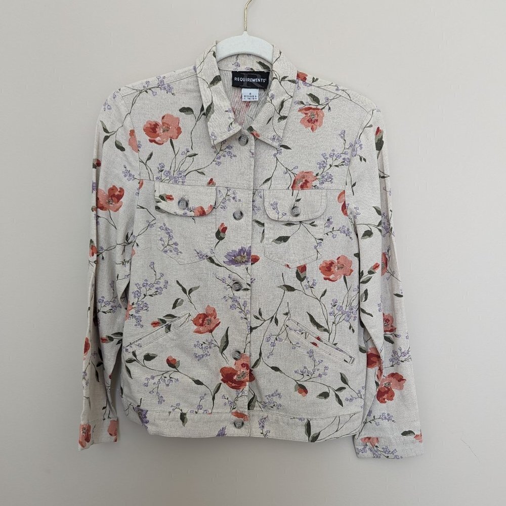 VINTAGE Requirements linen & rayon floral shacket jacket blouse Small EUC